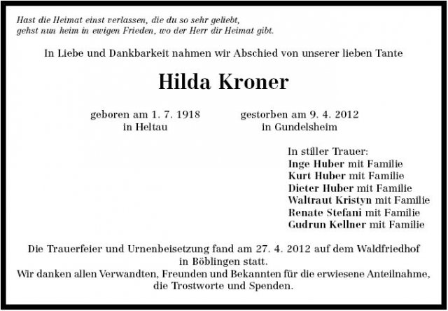 Kroner Hilda 1918-2012 Todesanzeige